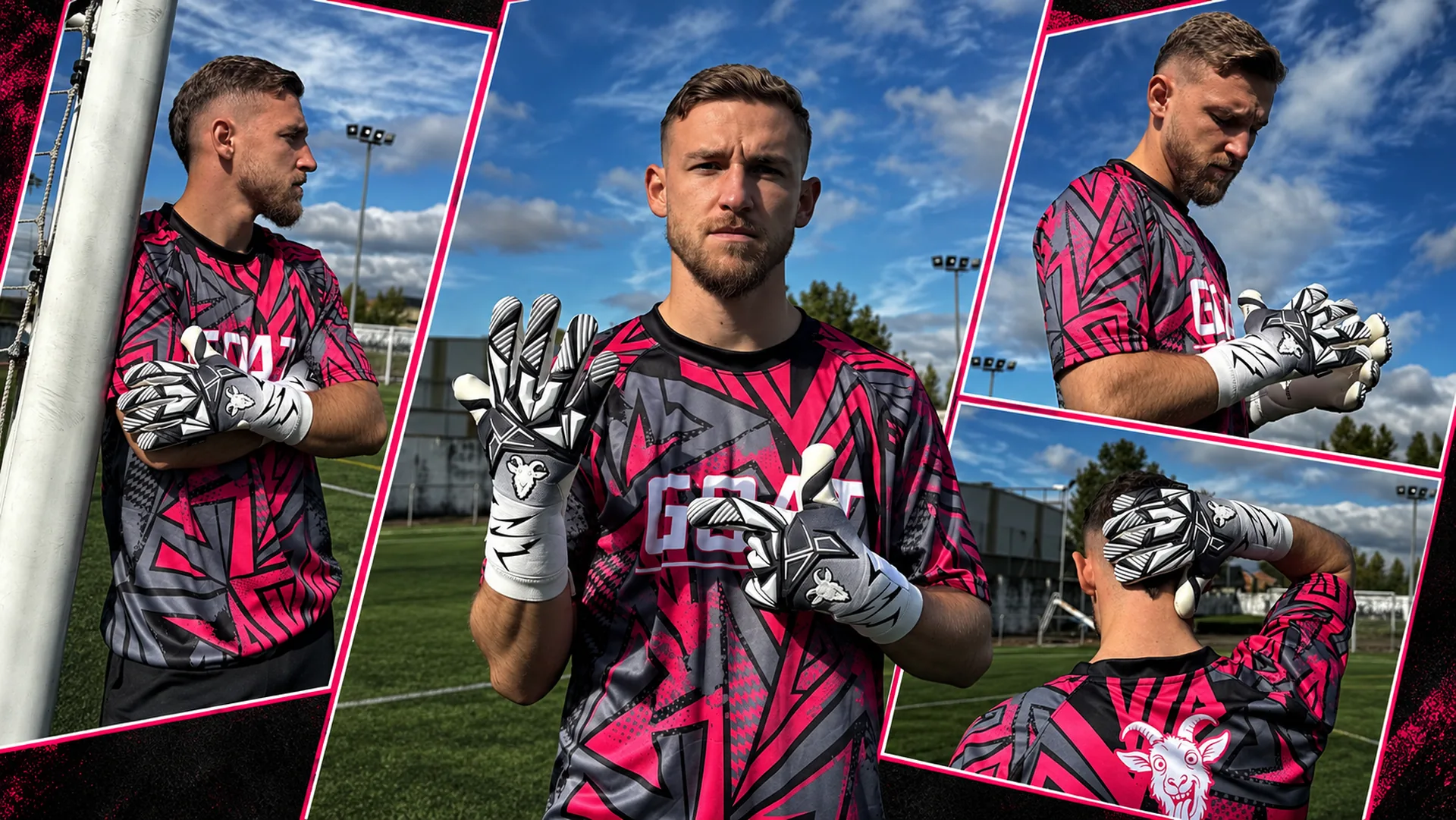 Collage de Yari Meykher con guantes GOAT Gloves en el campo de fútbol
