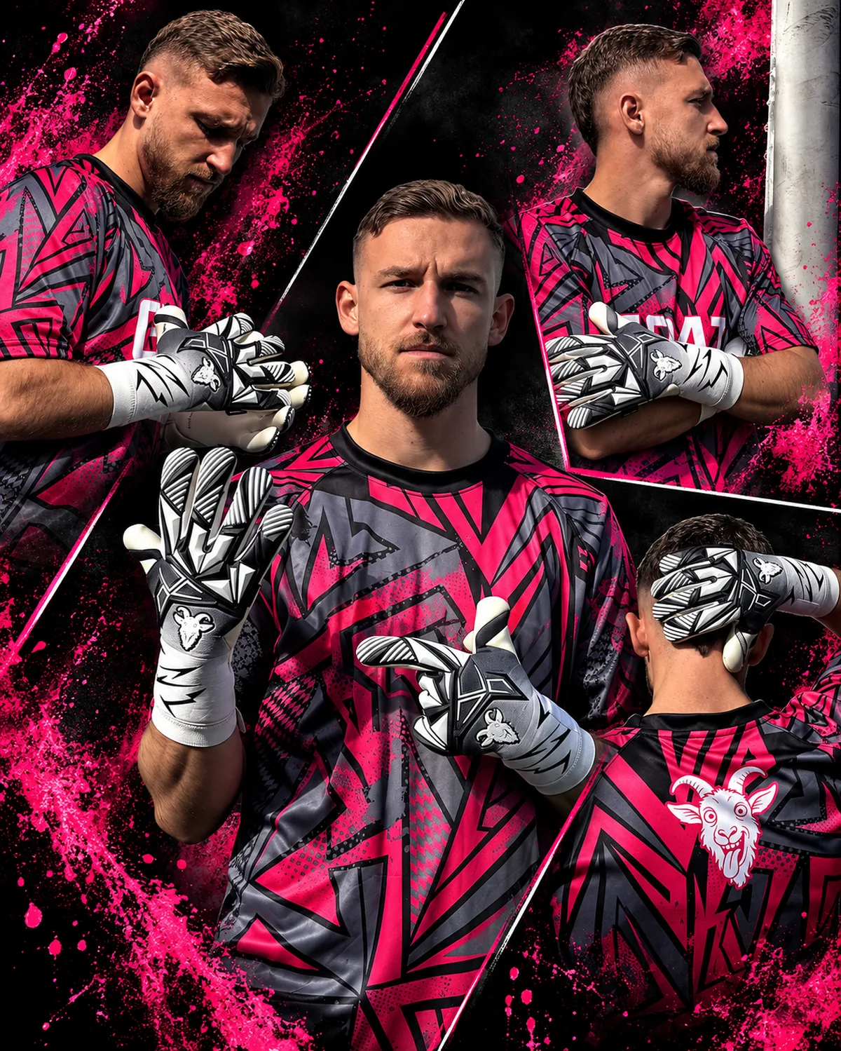 Collage de Yari Meykher con guantes GOAT Gloves en el campo de fútbol
